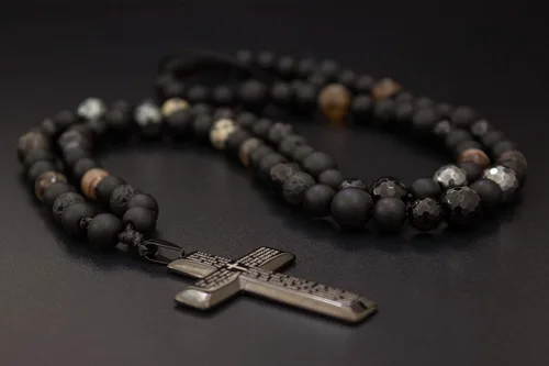 Vista 2 de Mens Cross Pendant Beads Necklace Gemstone Natural Stone Necklace Onyx Beaded Necklace Rosary Prayer Necklace Crux Crystals Mens Religious Jewelry