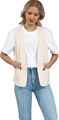 Vista 8 de UATKIMI Chaleco de lino de algodón para mujer, casual, holgado, cuello en V, sin mangas, chaqueta, Beige
