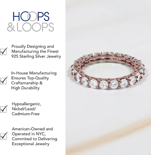 Vista 3 de Hoops & Loops Anillo de Plata de Ley 925 con Circonita Cúbica de 3mm de Corte Redondo, Anillo de Boda de Eternidad Apilable para Compromiso