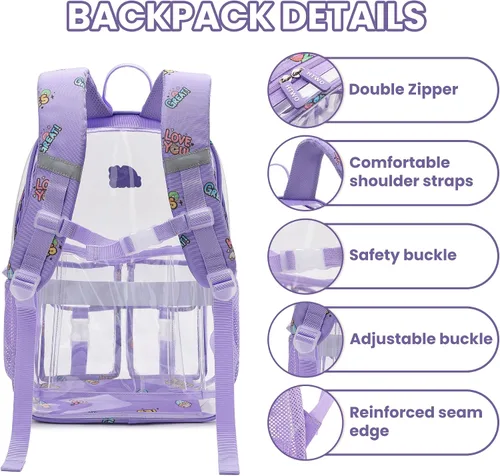 Vista 4 de HTWO Mochila transparente para niñas, bolsa de libro transparente aprobada por estadios, mochilas de actualización de PVC para escuela resistente
