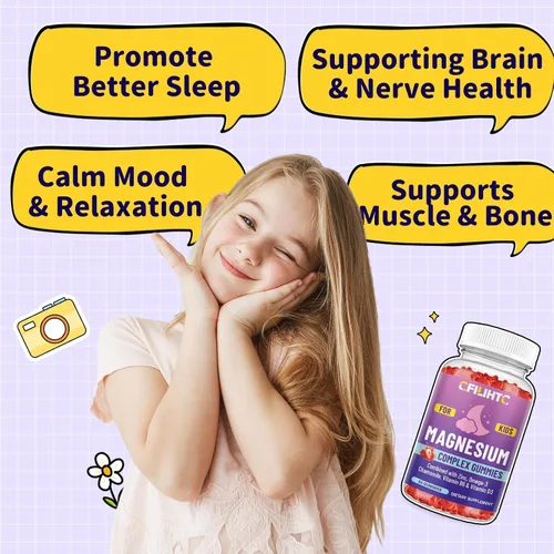 Vista 6 de Gomitas de magnesio y glicinato de magnesio para niños, suplemento con zinc, manzanilla, omega-3, vitamina B6, D3, para dormir, relajación, cerebro