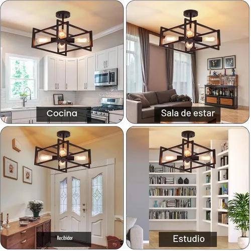 Vista 6 de Lámpara de techo semiempotrada de metal, lámpara de techo industrial negra de 4 luces, estilo rústico, vintage, para cocina, isla, pasillo, comedor
