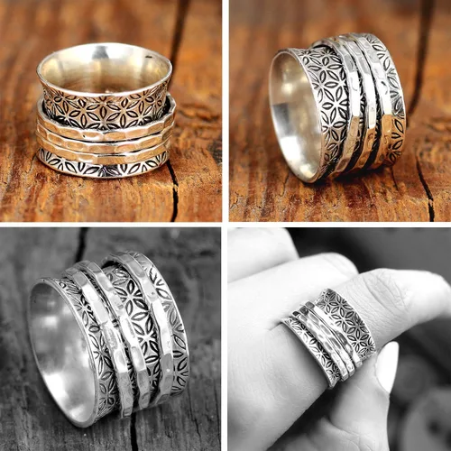 Vista 4 de Boho-Magic Anillo giratorio de plata de ley 925 para mujer flor de la vida Fidget anillos banda