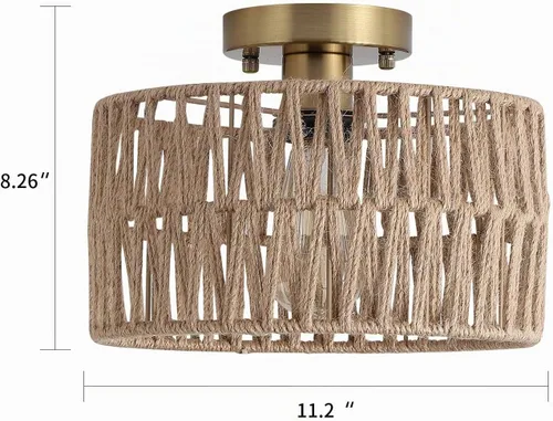 Vista 4 de Accesorio de Lámpara de Techo Empotrada Tejida en Oro Antiguo Costero, Luz de Techo Semi Empotrada Rústica Boho de Cuerda de Cáñamo Latón