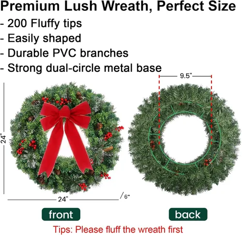 Vista 4 de Corona de Navidad Prelit de 24 pulgadas con Colgador para Puerta Delantera, Decoraciones de Navidad, 8 Modos de Luz, Impermeable, Funciona