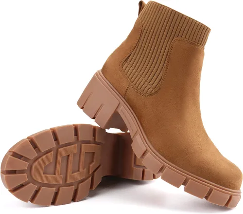 Vista 6 de JABASIC Botas de tobillo gruesas para mujer, botas Chelsea elásticas