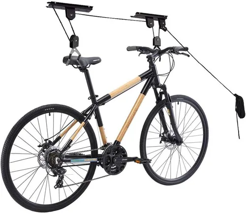 Vista 6 de Ihomepark Elevador de bicicleta para almacenamiento de techo de garaje, elevador de bicicleta de montaña resistente con 3 poleas y cuerda ajustable