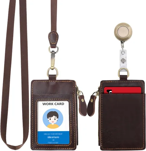 Vista 12 de Wonderpool Soporte de cuero para tarjetas de identificación con bolsillo con cremallera, ranuras para tarjetas, cordón desmontable para el cuello