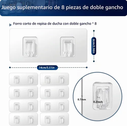 Vista 5 de Ganchos de repuesto adhesivos para regadera, tiras transparentes resistentes, sin taladrar Transparente-8Pack 2Hook