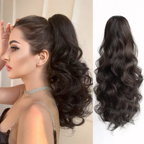 Vista 33 de Extensión de cola de caballo de garra negra natural ondulada de 16 pulgadas, extensiones de cabello sintético rizado con clip, extensiones