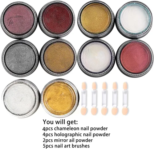 Vista 2 de Polvo de uñas cromado camaleón, 10 cajas de polvo cromado Aurora rosa morado, polvo de uñas holográfico dorado y plateado, pigmento espejo metálico