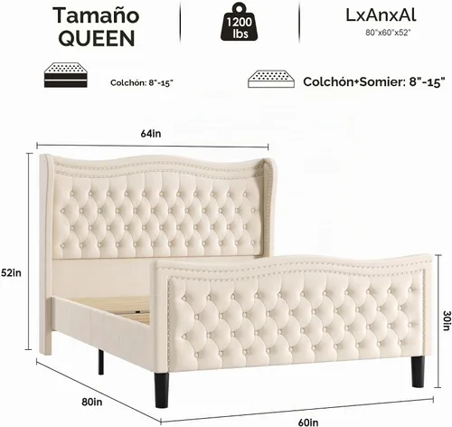 Vista 2 de Marco de Cama Queen con Cabecero y Piecero Altos, Marco de Cama Plataforma Tapizada en Terciopelo con Respaldo Acolchado con Botones Profundos Tipo