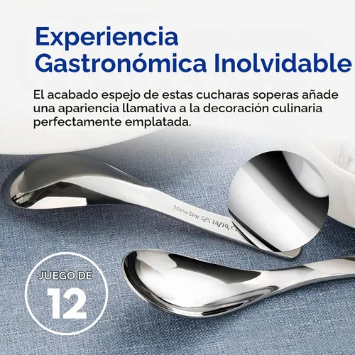 Vista 4 de New Star Foodservice 1029062 - Cucharas de sopa de acero inoxidable extra resistentes 18/10, juego de 12