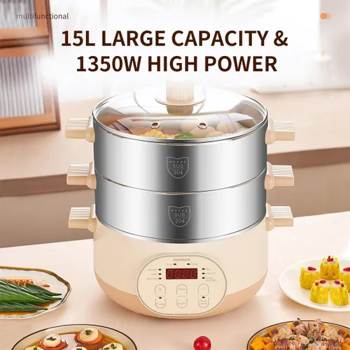 Vista 3 de Joydeem Vaporizador eléctrico de alimentos para cocinar, vaporizadores de verduras y alimentos de acero inoxidable de 2 niveles, gran capacidad