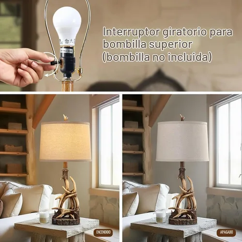 Vista 5 de Lámpara de mesa rústica de 27.25 pulgadas de alto, lámparas de cornamenta de ciervo para sala de estar, mesa auxiliar con puerto USB, lámparas