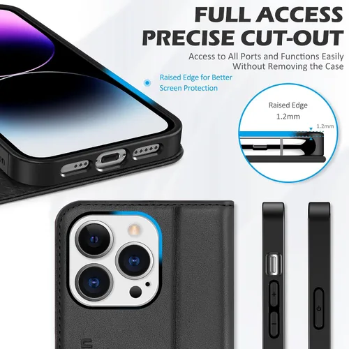 Vista 6 de SHIELDON - Funda tipo cartera de piel auténtica para iPhone 14 Pro de 6.1 pulgadas 2022, color negro Magnetic Closure, RFID Blocking, Credit Card