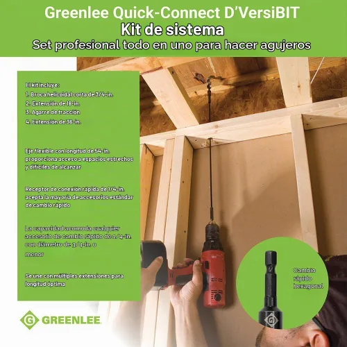 Vista 2 de Greenlee 921 Quick Change D'VersiBIT Kit de extensión de taladro flexible de 4 piezas con brocas de extensión de 18 y 36 pulgadas, broca rechoncha