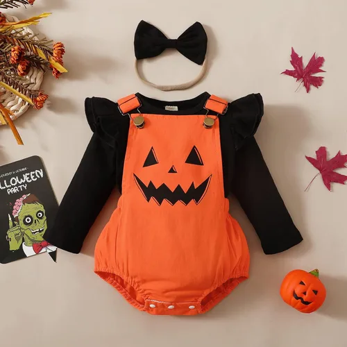 Vista 2 de Trajes de Halloween para niña recién nacida, sudadera de manga larga, color liso, overoles con peto, overoles de fantasma, diadema con lazo, ropa