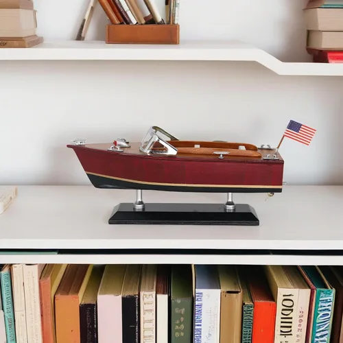 Vista 6 de Modelo de lancha rápida de madera, decoración clásica de barco Runabout de 10 pulgadas Ideal for lake house beach home office bookshelf mantel or