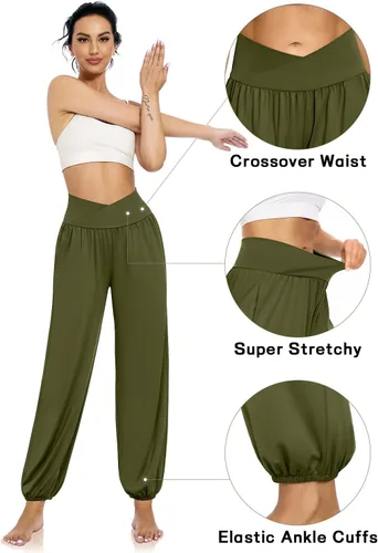 Vista 3 de UEU Pantalones deportivos de yoga con bolsillos para mujer, estilo harem cruzado, cintura alta, holgados, casuales, para descansar, para descansar