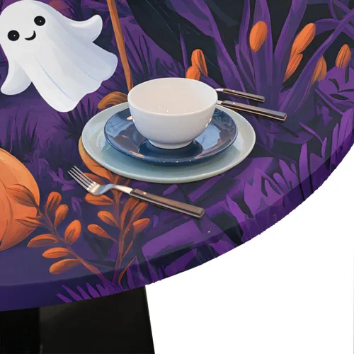 Vista 5 de Mantel redondo ajustable de Calabaza Castillo Boo de Halloween con borde elástico, cubierta de mesa impermeable limpiable lavable de Halloween