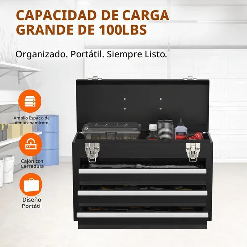 Vista 3 de Caja de herramientas portátil de metal con cajones, caja de herramientas con cierres y forros EVC, cofre de herramientas resistente con Negro