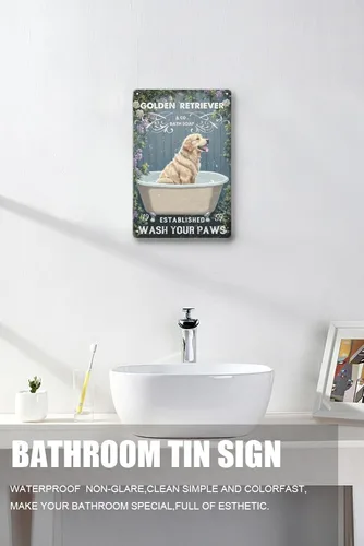 Vista 2 de Zomyto Letrero de lata con texto en inglés "Wash Your Paws Golden Retriever", decoración de baño, perro, bañera, bañera, estilo retro, decoración