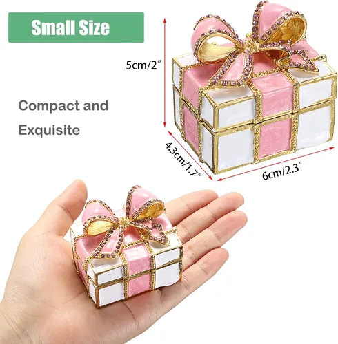 Vista 2 de Hipiwe Mini joyero de metal con nudo de lazo rosa con bisagras, caja decorativa de esmalte brillante, caja de tesoros, figura, aretes, soporte