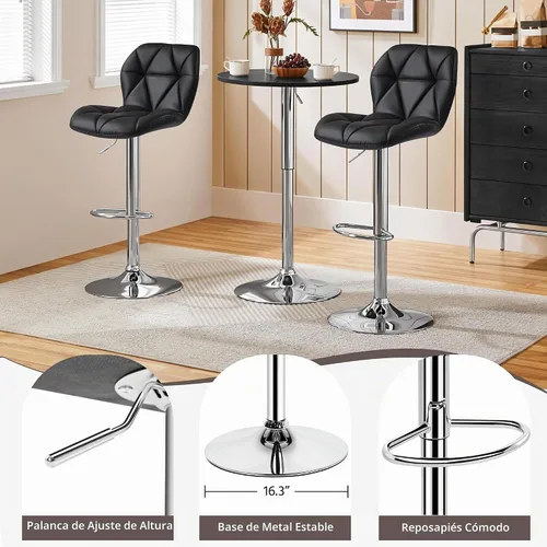 Vista 6 de Yaheetech Juego de 2 taburetes de bar, modernas sillas ajustables para isla de cocina, taburetes giratorios de piel sintética negra para bar, Negro