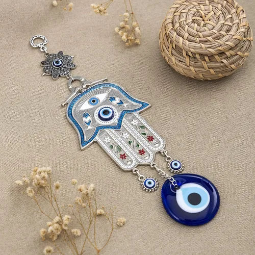 Vista 3 de Adorno colgante de pared de mano de madre Hamsa azul turco de Fátima contra el mal de ojo, amuleto de cuentas de nazar turco, regalo de amuleto