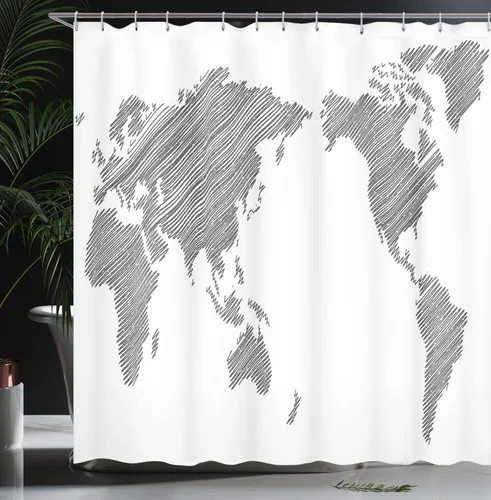Vista 3 de Ambesonne Cortina de ducha con mapa del mundo, diseño de continentes a rayas, cartografía, geografía, países en todo el mundo, juego de decoración