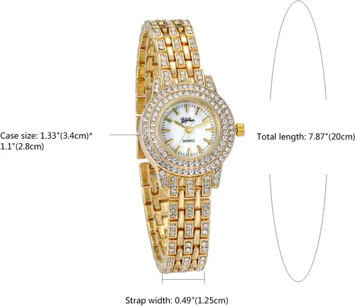 Vista 6 de JewelryWe Women Watches Gold Tone Alloy Rhinestone Quartz Watch Stylish Bling Dress Watch Wristwatches for Christmas