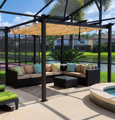 Vista 32 de PURPLE LEAF Pérgola de 10 x 12 pies con toldo retráctil, pérgola cuadrada de bronce de aluminio para patio al aire libre, junto a la piscina, beige
