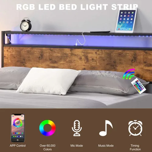 Vista 4 de Base de cama de plataforma de metal de tamaño matrimonial con cabecero y estribo de madera con luces USB y LED, no necesita somier, gran