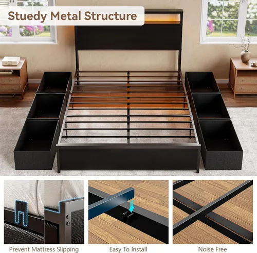 Vista 7 de Forestell Full Size Bed Frame with Storage Headboard & 6 Drawers, Metal Platform Bed Frame with LED Lights & Charging Station, 2 Tier Shelf Storage