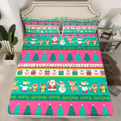 Vista 14 de Juego de sábanas con diseño de Papá Noel y muñeco de nieve para niños, niñas y niños, de temática navideña, juego de cama con diseño de árbol