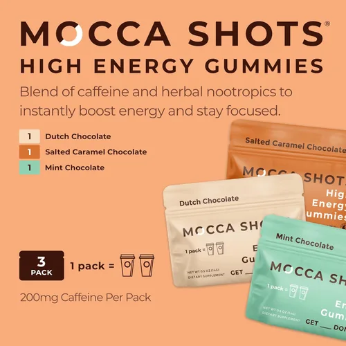 Vista 3 de Caffeine Energy Chew - Paquete de 3, 200 mg de cafeína por paquete. Aumento de cafeína, gomita energética de café, gomitas Mocca Shots de alta