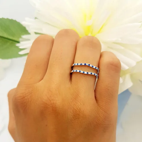 Vista 4 de Anillo doble de zafiro azul redondo de 14 quilates para mujer, aniversario, boda, realzador, doble anillo
