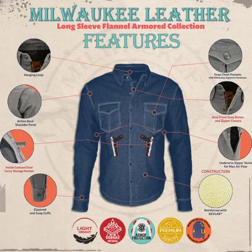 Vista 2 de Milwaukee Leather Camisa de montar de franela blindada a cuadros para hombre con refuerzo de fibra de aramida y armadura extraíble CE - S