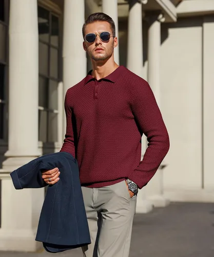 Vista 2 de Zaitun Polo de punto de manga larga para hombre, suéter ligero casual con cuello
