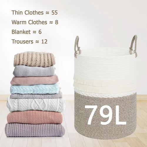Vista 4 de Cesta grande de 79 L para ropa sucia, cesta tejida de algodón con asas, cesta de almacenamiento para ropa sucia en el baño, cesta decorativa
