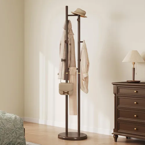 Vista 14 de Perchero negro independiente de madera maciza - Moderno árbol de madera independiente resistente con 7 ganchos creativo de aspecto de rama de árbol