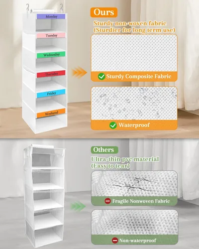 Vista 5 de punemi Organizador semanal de ropa para niños, 6 estantes colgantes con bolsillos laterales, diseño de días de la semana, 11.8 x 11.8 x 37.8