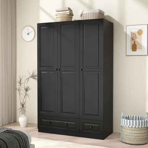 Vista 6 de Armario Armario con cajones: armario de dormitorio de 74 pulgadas para ropa colgante, armarios negros con puertas, armario moderno con estantes