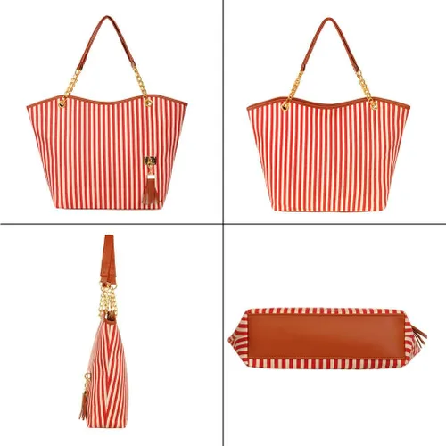 Vista 2 de Bolso de lona para mujer con borlas y rayas, bolso de hombro de gran capacidad