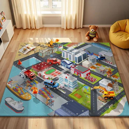 Vista 8 de Alfombra de Juego Redonda de 3.3 pies para Niños con Carreteras de la Ciudad - Alfombra de Lana Sintética Antideslizante con Diseño Interactivo