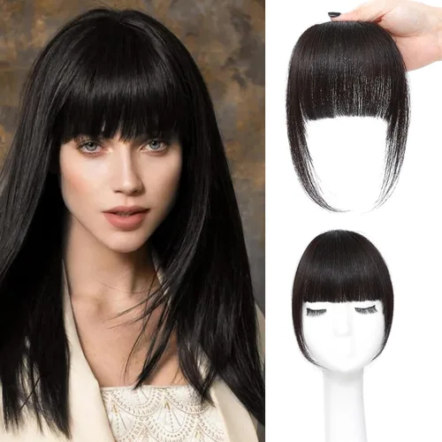 Vista 5 de ELEFOCUS Flequillo con clip, extensiones de cabello humano 100% real, flequillo falso francés 18#, clip de cabello en flequillo para mujeres, flecos