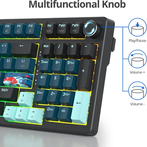 Vista 5 de Guffercty kred Soporte de junta de teclado para juegos con cable al 96%, teclado mecánico RGB intercambiable en caliente con control de perilla