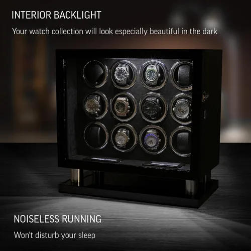 Vista 3 de Bobinadora de 12 relojes para relojes automáticos con luz LED y control de pantalla táctil LCD, Ébano + Negro, Compacto