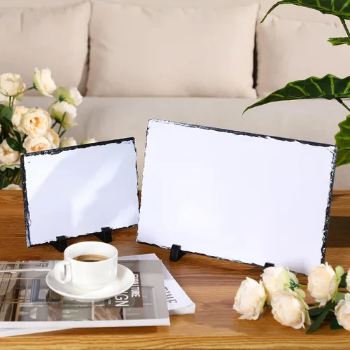 Vista 7 de 4 piezas de sublimación de pizarra en blanco rectangular personalizada, marco de fotos de pizarra de piedra mate de transferencia de calor